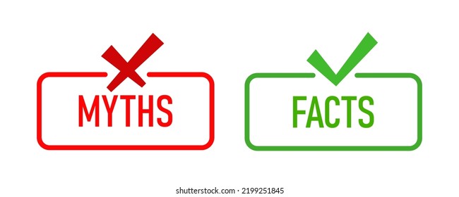 Mito y concepto de hechos, sello de goma verde y roja. Ilustración de material vectorial.