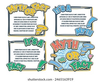 Myth or fact fake true banner groovy style design template set vector flat illustration. Honest and dishonest news opposite proof false destroy checking wrong mythology critical poster