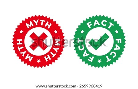 The myth or fact icon is a circle with a check mark and a cross. For logo, label, seal, tag, sign, symbol, badge, stamp, sticker, emblem, badges, labels, poster. Isolated on white. Vector Illustration