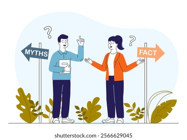 Myth or fact. Man and woman near arrows on road. Decision making metaphor. Truth and lies, real or fake. Honest and dishonest. People evaluate information. Linear vector illustration