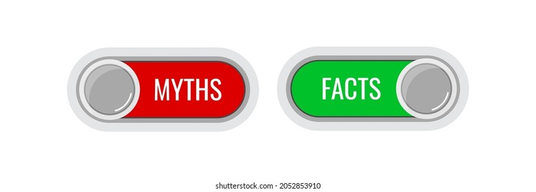 El mito y los hechos cambian los botones de control deslizante. Gafas rojas y verdes por símbolos falsos contra la verdad. Ilustración vectorial de diseño plano.