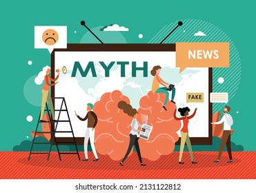 Myth, fake news and facts, vector illustration. People read false news from newspaper, social media, watch tv programs.