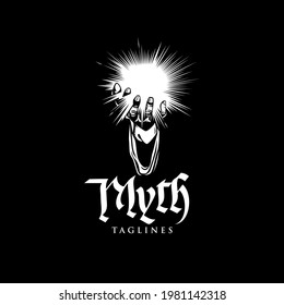 Asistente para logotipos de mitos Manos sosteniendo una potencia de bola que enciende símbolo de rayos claros