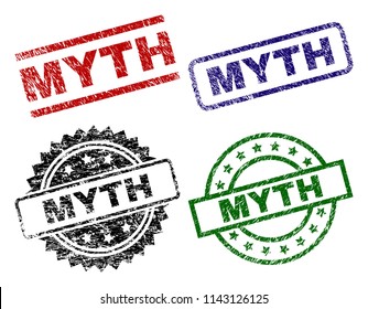 MYTH seal prints with corroded style. Black, green,red,blue vector rubber prints of MYTH title with corroded style. Rubber seals with circle, rectangle, medallion shapes.