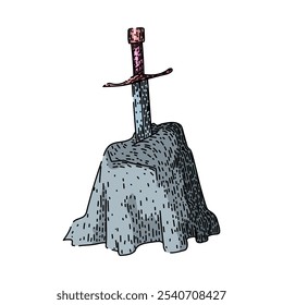 mito espada pedra mão desenhada. merlin camelot, cavaleiros mágicos, profecia destino mito espada pedra vetor esboço. ilustração de cor isolada