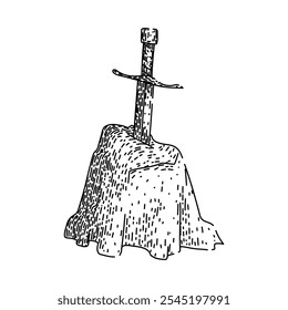 mito espada pedra mão desenhada. merlin camelot, cavaleiros mágicos, profecia destino mito espada pedra vetor esboço. ilustração preta isolada