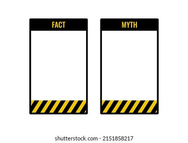 Myth Vs Fact Check List Vector Set. True Or Fiction Infographic Empty Badge Blank Isolated On White Background. Flat Design With Black Yellow Striped Warning Line Fake Good News Template Illustration.