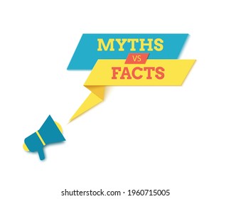 Myth vs fact yellow speech bubble in paper cut art. Memphis style banner with megaphone and geometric shapes. Vector colorful sticker with place for promotion text, price tag, sale ad. Papercut badge.