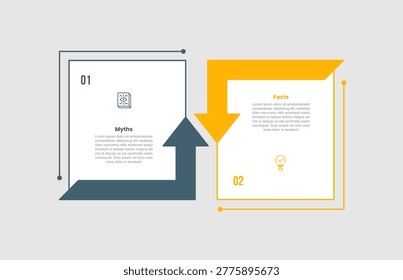 Myth vs facts comparison infographic template with square box container with arrow upside down with 2 points comparison flat style vector