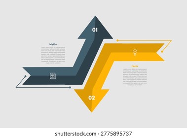 Myth vs facts comparison infographic template with long arrow turn direction on top and bottom with 2 points comparison flat style vector