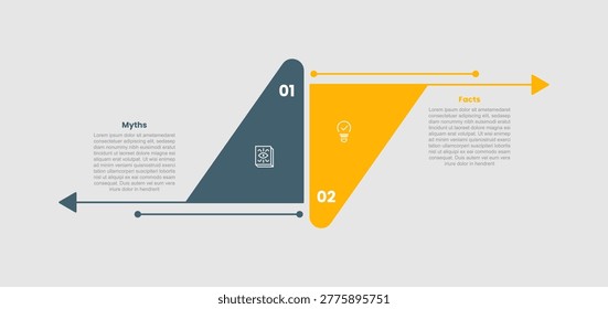 Myth vs facts comparison infographic template with triangle shape upside down with arrow opposite direction with 2 points comparison flat style vector
