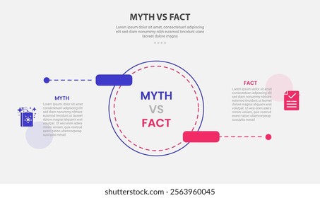 myth vs facts infographic outline style with 2 point comparison template with big circle and round rectangle pointer up and down for slide presentation vector