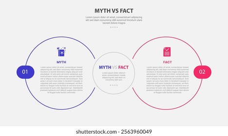 myth vs facts infographic outline style with 2 point comparison template with big circle side by side for slide presentation vector