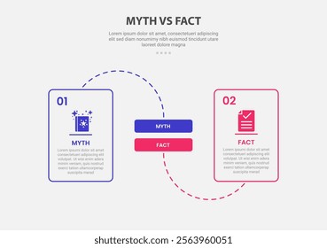 myth vs facts infographic outline style with 2 point comparison template with round box dotted line connection for slide presentation vector