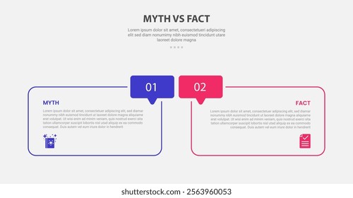 myth vs facts infographic outline style with 2 point comparison template with round box and callout discussion badge for slide presentation vector