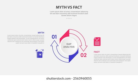 myth vs facts infographic outline style with 2 point comparison template with big circle arrow outline cycle circular for slide presentation vector