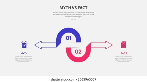 myth vs facts infographic outline style with 2 point comparison template with half circle and arrow opposite direction for slide presentation vector