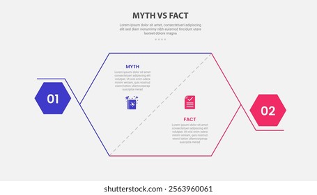 myth vs facts infographic outline style with 2 point comparison template with hexagon slice and bold shape at edge for slide presentation vector