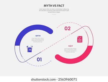 myth vs facts infographic outline style with 2 point comparison template with big circle and slice connection line for slide presentation vector