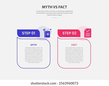 myth vs facts infographic outline style with 2 point comparison template with table box with fluid line like comment discussion shape for slide presentation vector