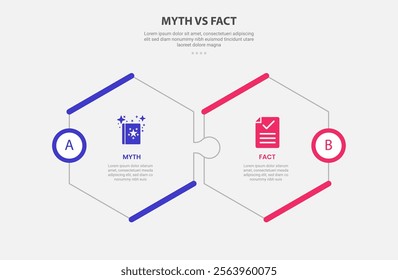 myth vs facts infographic outline style with 2 point comparison template with hexagonal shape puzzle jigsaw connection for slide presentation vector