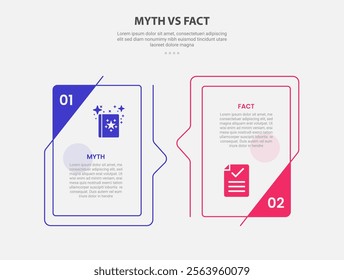 myth vs facts infographic outline style with 2 point comparison template with creative box with bookmark badge on side for slide presentation vector