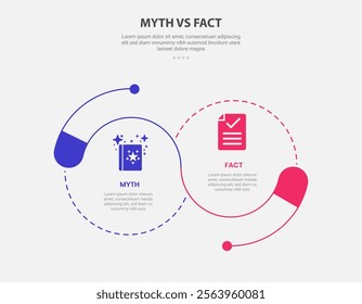 myth vs facts infographic outline style with 2 point comparison template with big circle combination with dotted line venn joined for slide presentation vector