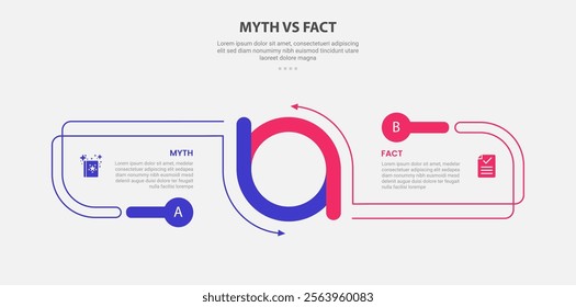 myth vs facts infographic outline style with 2 point comparison template with creative circle combination ups and down with opposite base for slide presentation vector