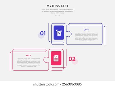 myth vs facts infographic outline style with 2 point comparison template with creative rectangle box with puzzle jigsaw style for slide presentation vector