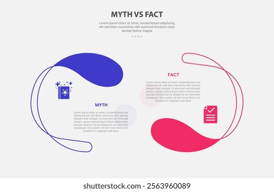 myth vs facts infographic outline style with 2 point comparison template with creative half circle opposite direction for slide presentation vector