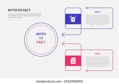 myth vs facts infographic outline style with 2 point comparison template with big circle and rectangle box container and arrow edge for slide presentation vector