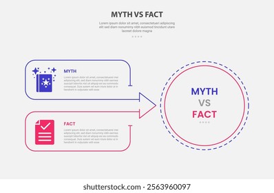 myth vs facts infographic outline style with 2 point comparison template with big circle and arrow box join container for slide presentation vector