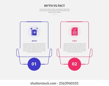 myth vs facts infographic outline style with 2 point comparison template with creative line box with swirl footer and circle bottom for slide presentation vector