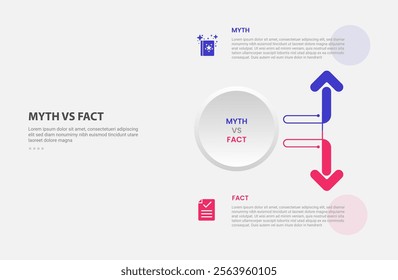 myth vs facts infographic outline style with 2 point comparison template with big circle arrow ups and down opposite direction for slide presentation vector