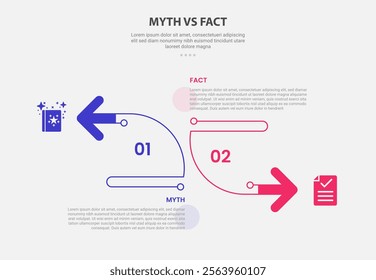 myth vs facts infographic outline style with 2 point comparison template with creative arrow shape opposite direction for slide presentation vector