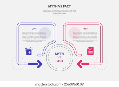 myth vs facts infographic outline style with 2 point comparison template with creative box container with arrow fluid with circle shape for slide presentation vector