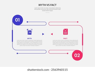 myth vs facts infographic outline style with 2 point comparison template with open box container with circle edge for slide presentation vector