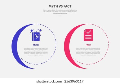 myth vs facts infographic outline style with 2 point comparison template with big circle and slice shape accessories for slide presentation vector