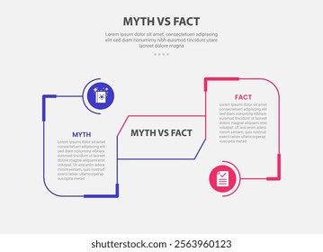 myth vs facts infographic outline style with 2 point comparison template with round box with circle connection for slide presentation vector