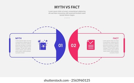 myth vs facts infographic outline style with 2 point comparison template with rectangle and circle blend with dotted line for slide presentation vector