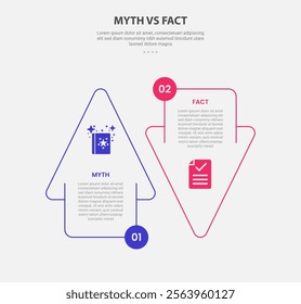 myth vs facts infographic outline style with 2 point comparison template with big arrow ups and down opposite direction for slide presentation vector