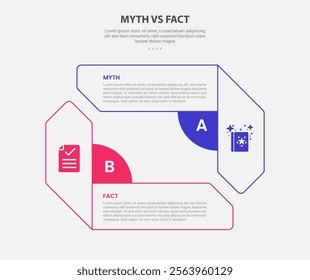 myth vs facts infographic outline style with 2 point comparison template with creative rectangle arrow opposite direction slide presentation vector