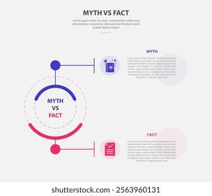 myth vs facts infographic outline style with 2 point comparison template with creative circle line connection top and bottom for slide presentation vector