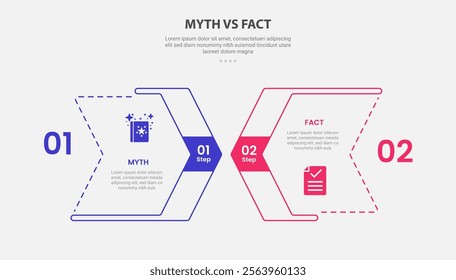 myth vs facts infographic outline style with 2 point comparison template with arrow box with layering style design for slide presentation vector