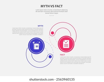 myth vs facts infographic outline style with 2 point comparison template with big circle cycle opposite direction for slide presentation vector