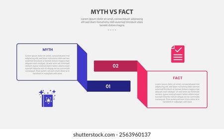 myth vs facts infographic outline style with 2 point comparison template with big circle center and round shape for slide presentation vector