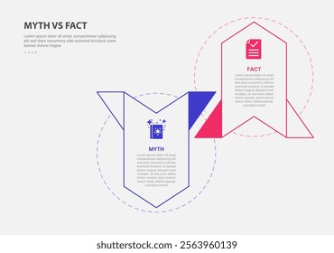 myth vs facts infographic outline style with 2 point comparison template with table box and circle accessories for slide presentation vector