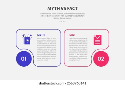 myth vs facts infographic outline style with 2 point comparison template with round box and fluid edge on circle base for slide presentation vector