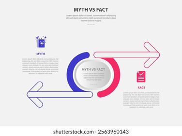 myth vs facts infographic outline style with 2 point comparison template with piechart shape and arrow opposite direction for slide presentation vector