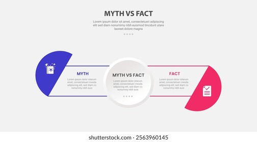 myth vs facts infographic outline style with 2 point comparison template with full circle center and half circle at edge for slide presentation vector